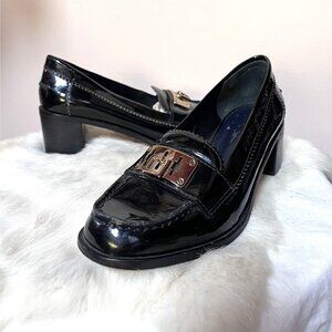 Tory Burch Black Patent Leather Classic Heeled Loafers 6.5 Gold-Tone Hardware